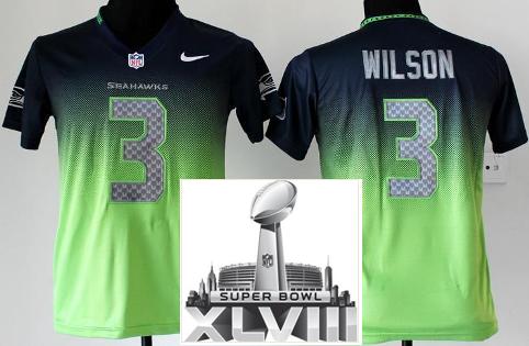 Kids Nike Seattle Seahawks 3 Russell Wilson Blue Green Drift Fashion II Elite 2014 Super Bowl XLVIII NFL Jerseys Cheap