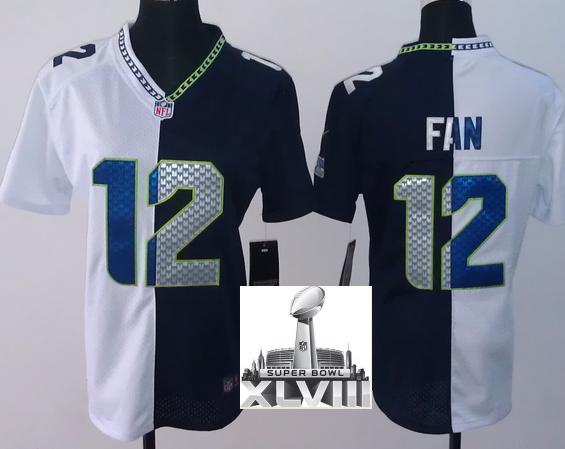 Cheap Women Nike Seattle Seahawks 12 Fan White Blue Split 2014 Super Bowl XLVIII NFL Jerseys