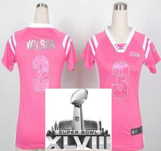 Cheap Women Nike Seattle Seahawks 3 Russell Wilson Pink Handwork Sequin Name Fashion 2014 Super Bowl XLVIII NFL Jerseys