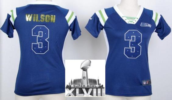 Cheap Women Nike Seattle Seahawks 3 Russell Wilson Blue Handwork Sequin Name Fashion 2014 Super Bowl XLVIII NFL Jerseys