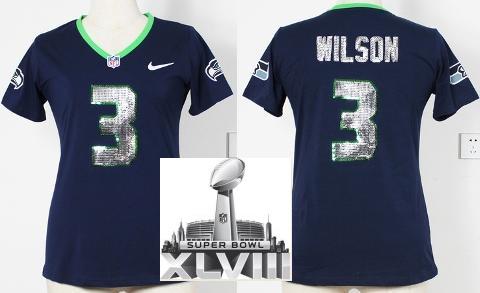 Cheap Women Nike Seattle Seahawks 3 Russell Wilson Blue Handwork Sequin lettering Fashion 2014 Super Bowl XLVIII NFL Jerseys