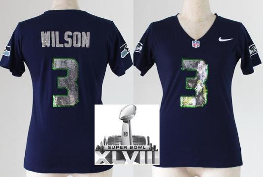 Cheap Women Nike Seattle Seahawks 3 Russell Wilson Blue Handwork Sequin lettering Fashion 2014 Super Bowl XLVIII NFL Jerseys