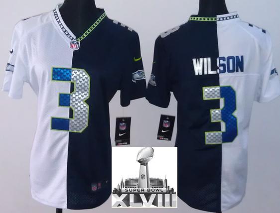Cheap Women Nike Seattle Seahawks 3 Russell Wilson White Blue Split 2014 Super Bowl XLVIII NFL Jerseys