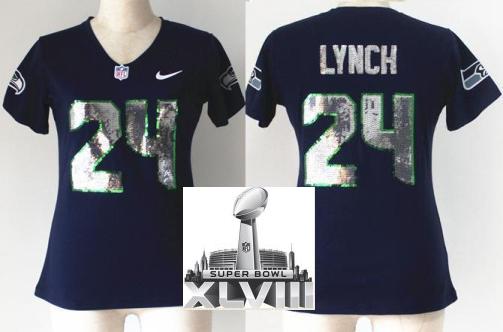 Cheap Women Nike Seattle Seahawks 24 Marshawn Lynch Blue Handwork Sequin lettering Fashion 2014 Super Bowl XLVIII NFL Jerseys