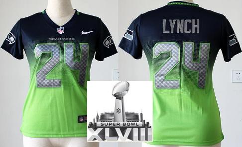 Cheap Women Nike Seattle Seahawks 24 Marshawn Lynch Blue Green Elite Drift Fashion II 2014 Super Bowl XLVIII NFL Jerseys