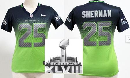Cheap Women Nike Seattle Seahawks 25 Richard Sherman Green Blue Elite Drift Fashion II 2014 Super Bowl XLVIII NFL Jerseys