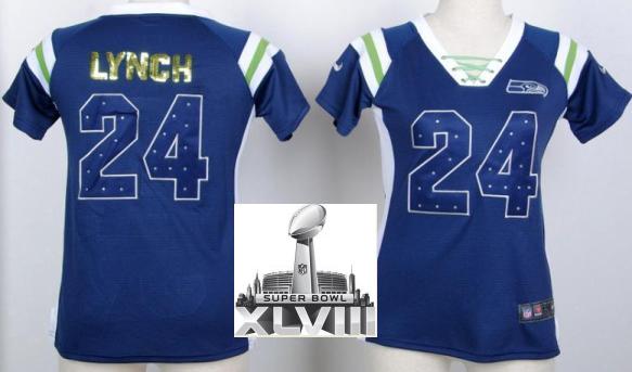 Cheap Women Nike Seattle Seahawks 24 Marshawn Lynch Blue Handwork Sequin Name Fashion 2014 Super Bowl XLVIII NFL Jerseys
