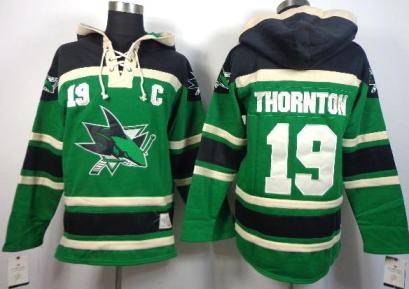 San Jose Sharks 19 Joe Thornton Green Lace-Up NHL Jersey Hoodie