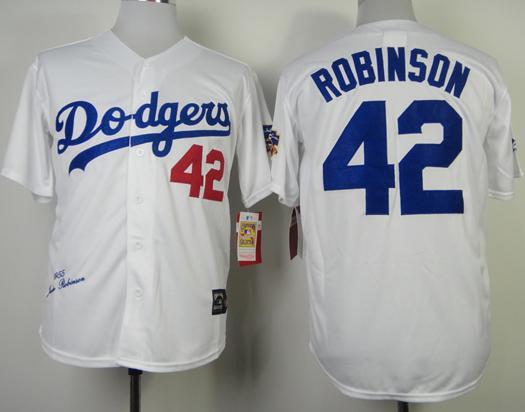 Los Angeles Dodgers 42 Jackie Robinson White 1955 Throwback MLB Jerseys W Baseball Hall of Fame Patch