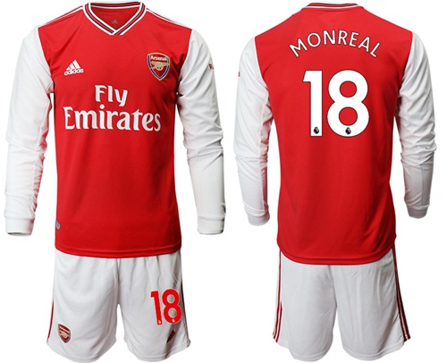 Arsenal #18 Monreal Red Home Long Sleeves Soccer Club Jersey