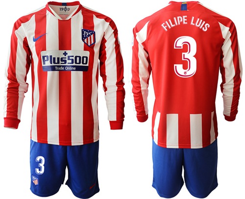 Atletico Madrid #3 Filipe Luis Home Long Sleeves Soccer Club Jersey