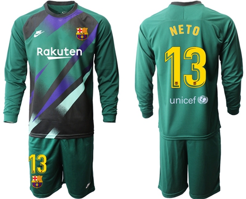 Barcelona #13 Neto Green Goalkeeper Long Sleeves Soccer Club Jersey
