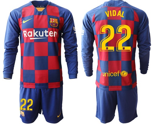 Barcelona #22 Vidal Home Long Sleeves Soccer Club Jersey
