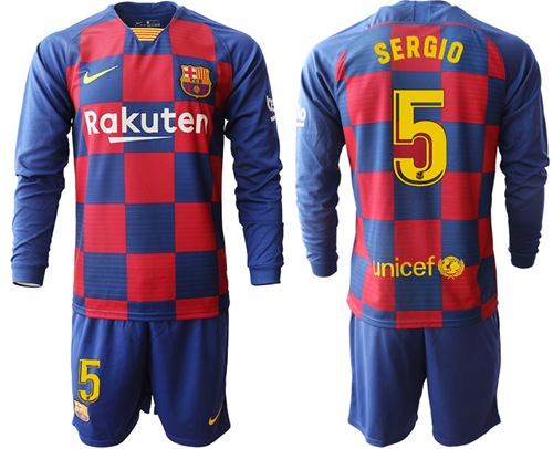 Barcelona #5 Sergio Home Long Sleeves Soccer Club Jersey