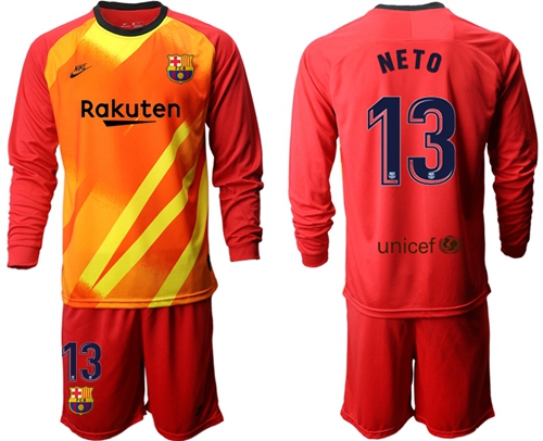 Barcelona #13 Neto Red Goalkeeper Long Sleeves Soccer Club Jersey