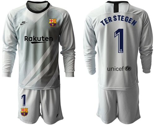 Barcelona #1 Ter Stegen Grey Goalkeeper Long Sleeves Soccer Club Jersey