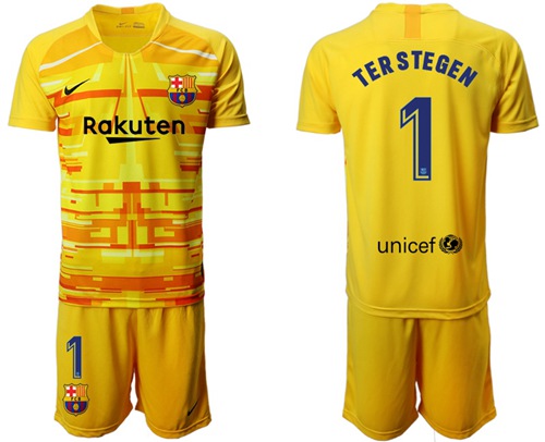 Barcelona #1 Ter Stegen Yellow Goalkeeper Soccer Club Jersey