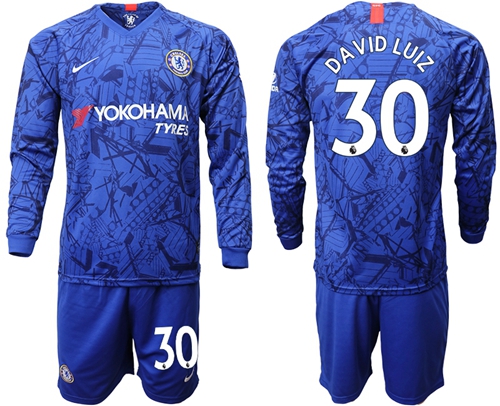 Chelsea #30 David Luiz Home Long Sleeves Soccer Club Jersey