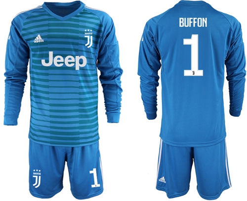 Juventus #1 Buffon Blue Goalkeeper Long Sleeves Soccer Club Jersey