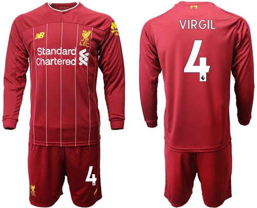 Liverpool #4 Virgil Home Long Sleeves Soccer Club Jersey