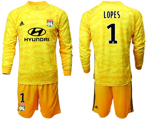 Lyon #1 Lopes Yellow Goalkeeper Long Sleeves Soccer Club Jersey