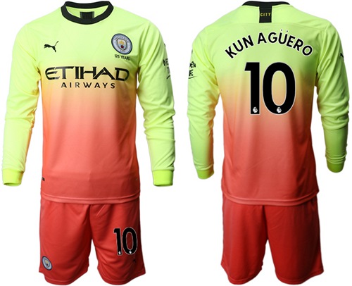 Manchester City #10 Kun Aguero Third Long Sleeves Soccer Club Jersey