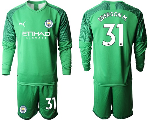 Manchester City #31 Ederson M. Green Goalkeeper Long Sleeves Soccer Club Jersey