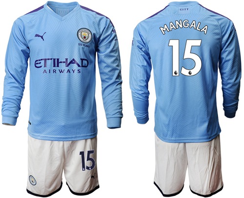 Manchester City #15 Mangala Home Long Sleeves Soccer Club Jersey