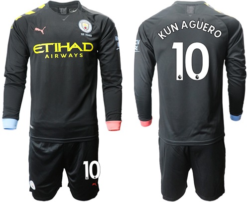 Manchester City #10 Kun Aguero Away Long Sleeves Soccer Club Jersey