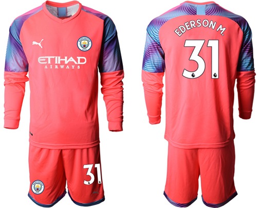 Manchester City #31 Ederson M. Pink Goalkeeper Long Sleeves Soccer Club Jersey
