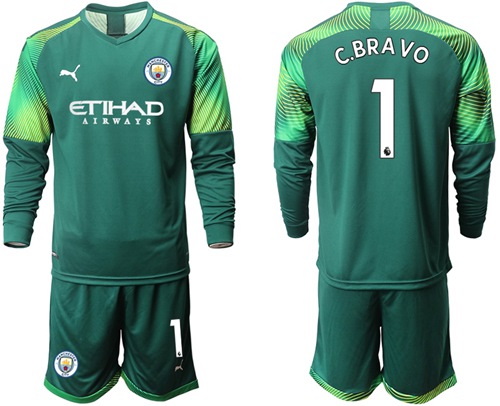 Manchester City #1 C.Bravo Army Green Goalkeeper Long Sleeves Soccer Club Jersey