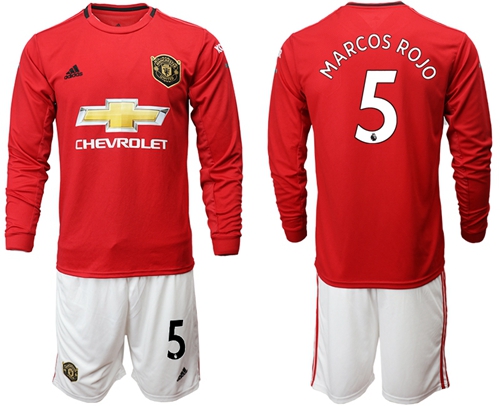 Manchester United #5 Marcos Rojo Red Home Long Sleeves Soccer Club Jersey