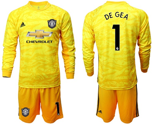 Manchester United #1 De Gea Yellow Goalkeeper Long Sleeves Soccer Club Jersey
