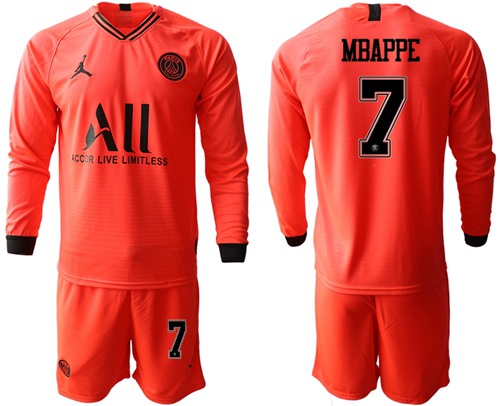 Paris Saint-Germain #7 Mbappe Red Jordan Long Sleeves Soccer Club Jersey