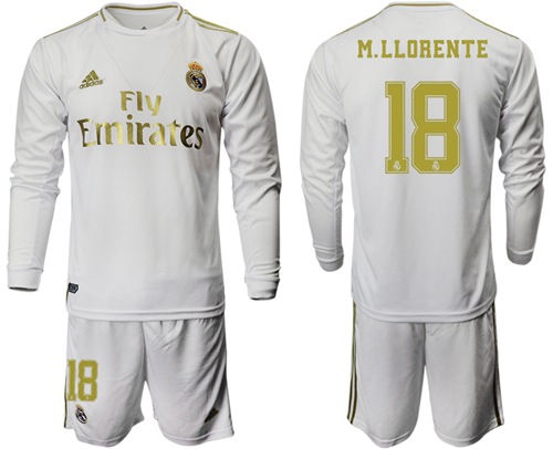 Real Madrid #18 M.Llorente White Home Long Sleeves Soccer Club Jersey