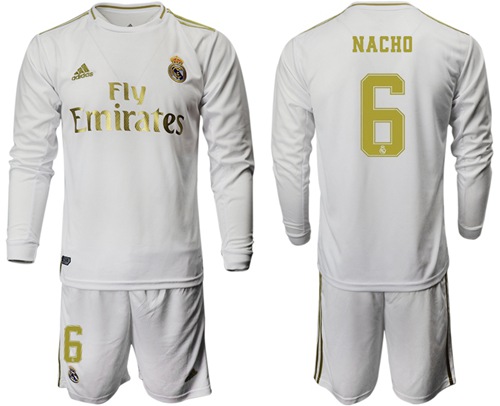 Real Madrid #6 Nacho White Home Long Sleeves Soccer Club Jersey