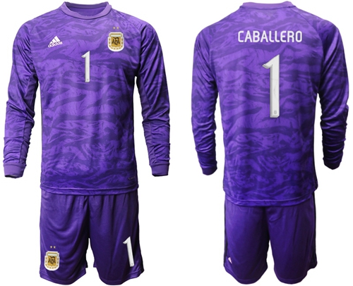 Argentina #1 Caballero Purple Long Sleeves Goalkeeper Soccer Country Jersey