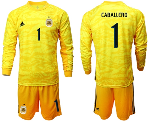 Argentina #1 Caballero Yellow Long Sleeves Goalkeeper Soccer Country Jersey