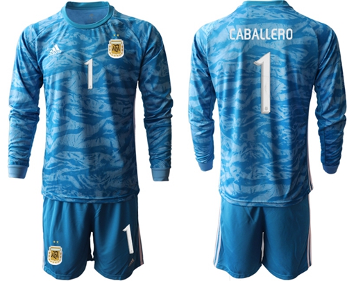Argentina #1 Caballero Blue Long Sleeves Goalkeeper Soccer Country Jersey