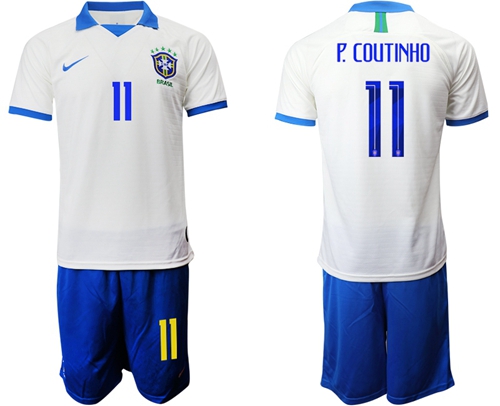 Brazil #11 P.Coutinho White Soccer Country Jersey