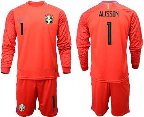 Brazil #1 Alisson Red Goalkeeper Long Sleeves Soccer Country Jersey