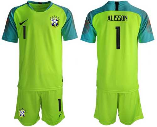 Brazil #1 Alisson Shiny Green Goalkeeper Soccer Country Jersey