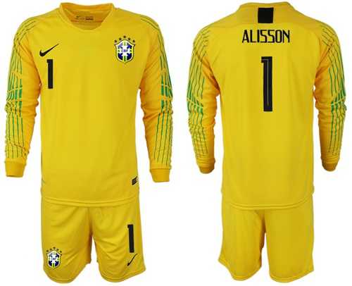 Brazil #1 Alisson Yellow Goalkeeper Long Sleeves Soccer Country Jersey