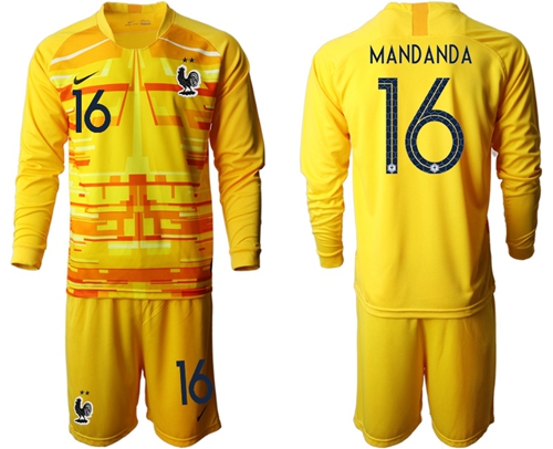France #16 Mandanda Yellow Goalkeeper Long Sleeves Soccer Country Jersey