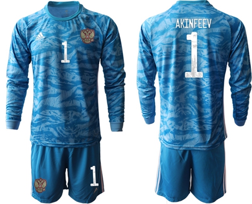 Russia #1 Akinfeev Blue Long Sleeves Goalkeeper Soccer Country Jersey