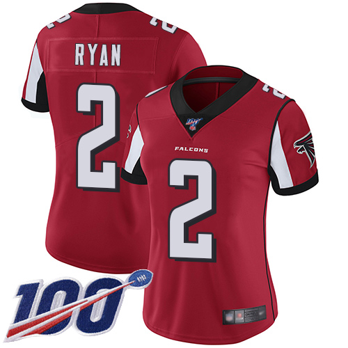 Falcons #2 Matt Ryan Red Team Color Women's Stitched Football 100th Season Vapor Limited Jersey