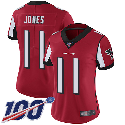 Falcons #11 Julio Jones Red Team Color Women's Stitched Football 100th Season Vapor Limited Jersey