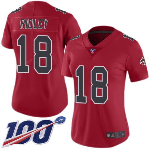 Falcons #18 Calvin Ridley Red Women's Stitched Football Limited Rush 100th Season Jersey