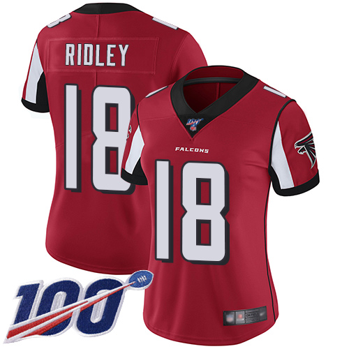 Falcons #18 Calvin Ridley Red Team Color Women's Stitched Football 100th Season Vapor Limited Jersey