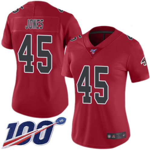 Falcons #45 Deion Jones Red Women's Stitched Football Limited Rush 100th Season Jersey